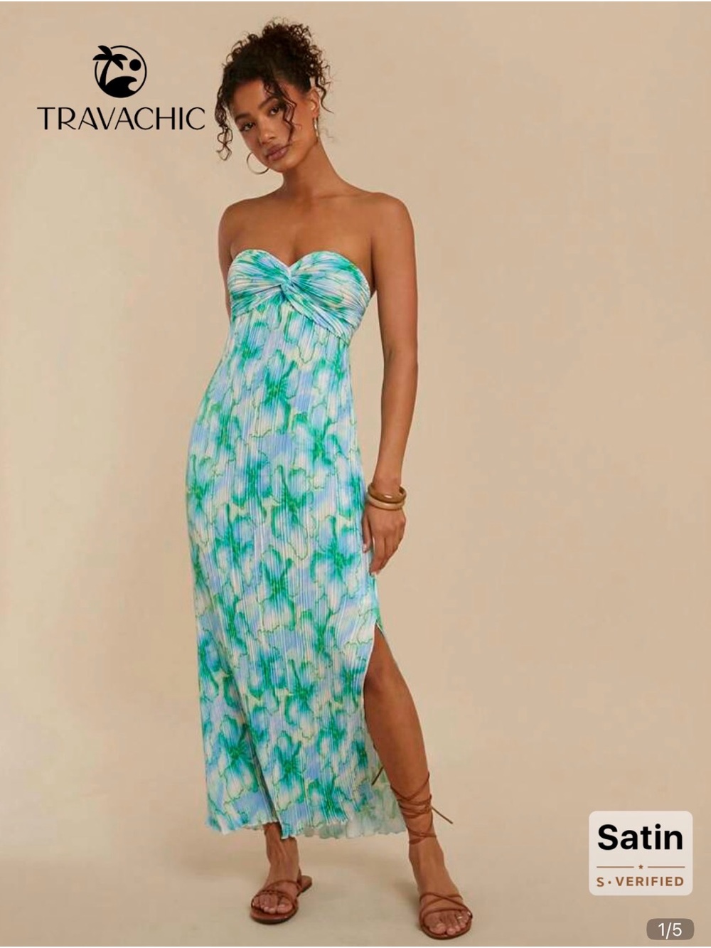 Strapless Twist-Front Maxi Dress in Aqua Green Print